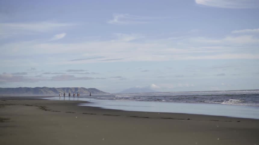 Waves rolling onto a sandy beach with mountains in the distance