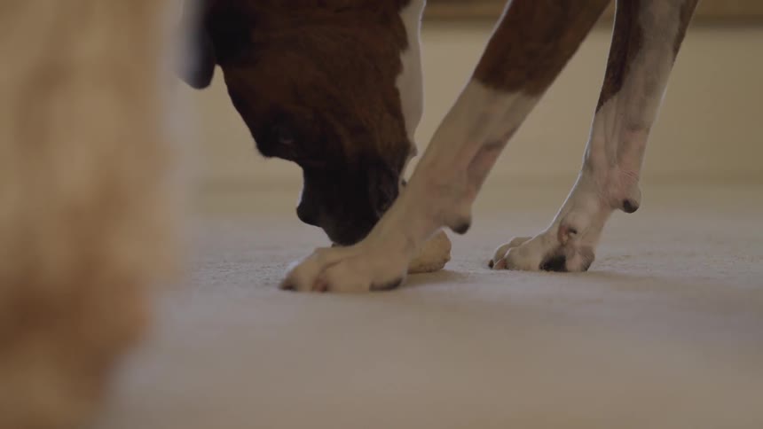 A dog sniffs a bone on the carpet