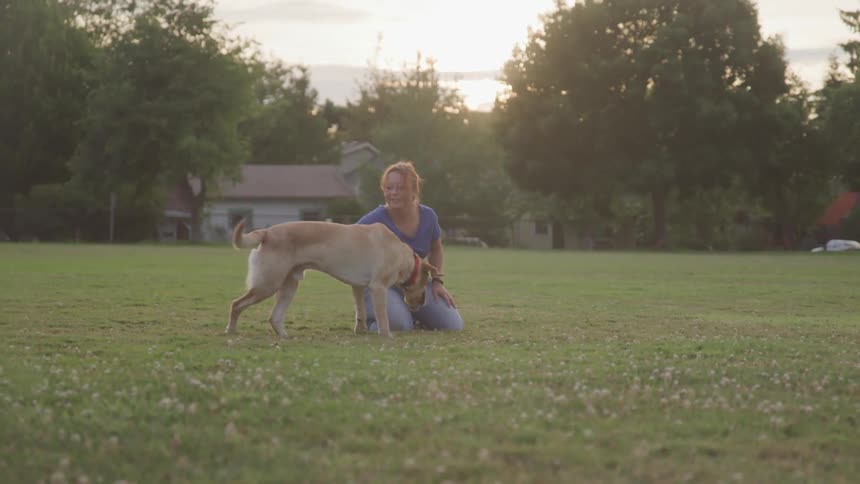 A woman is playing with her dog outdoors