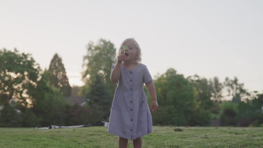 A little girl blowing bubbles in a field
