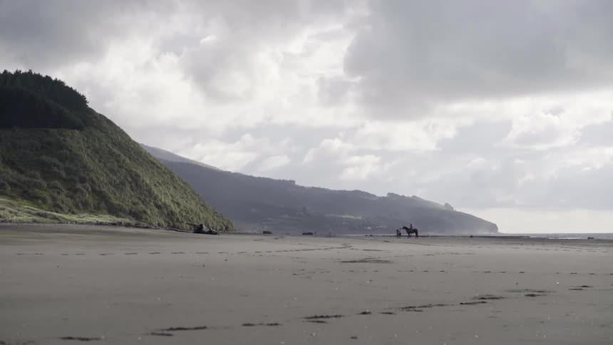 A broad view of a sandy beach with gentle waves rolling in under a peaceful sky.
