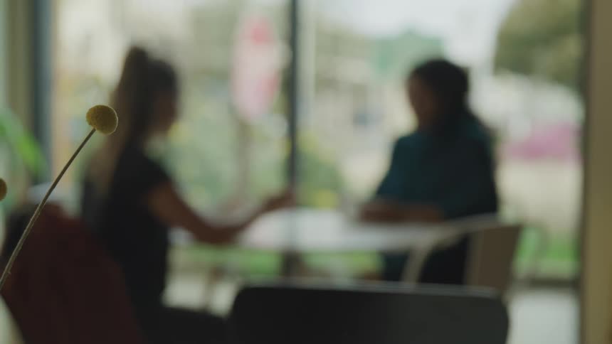 Two women are talking and gesturing to each other at a table near a window