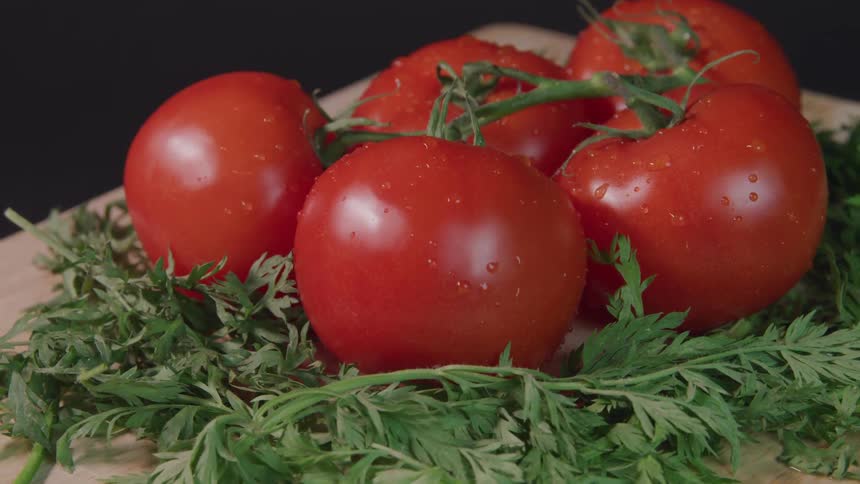 Red vine tomatoes sit on a bed of green herbs