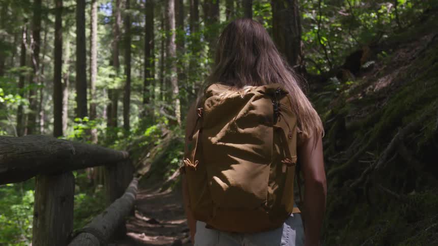 Woman wearing backpack walks on the forest path in the dense forest during daylight