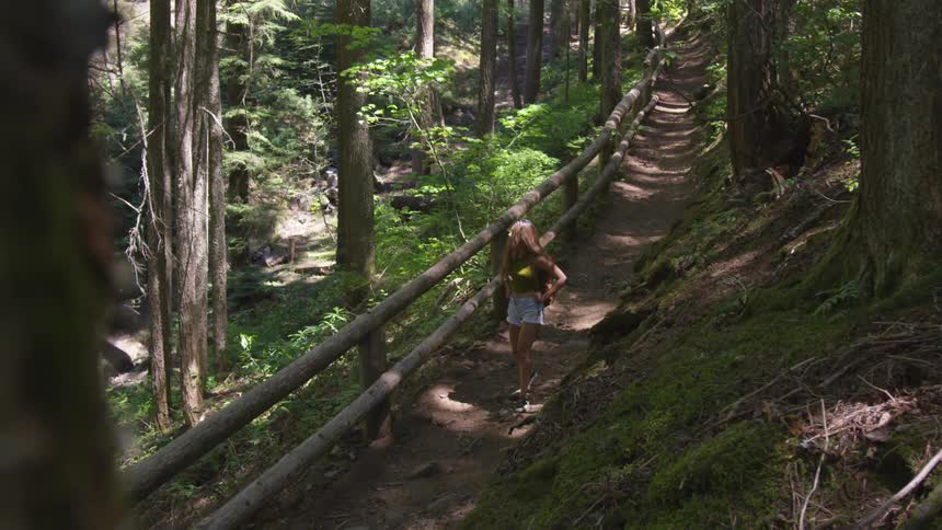 Female has her hands on her hips as she walks carefully along a dirt trail with a log fence in the woods and looks up at her surroundings