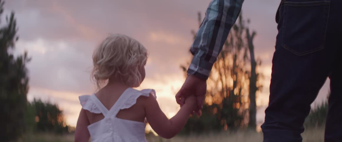 Father and daughter holding hands walking in a field