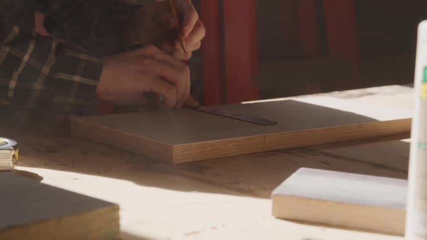Man scoring a board to cut