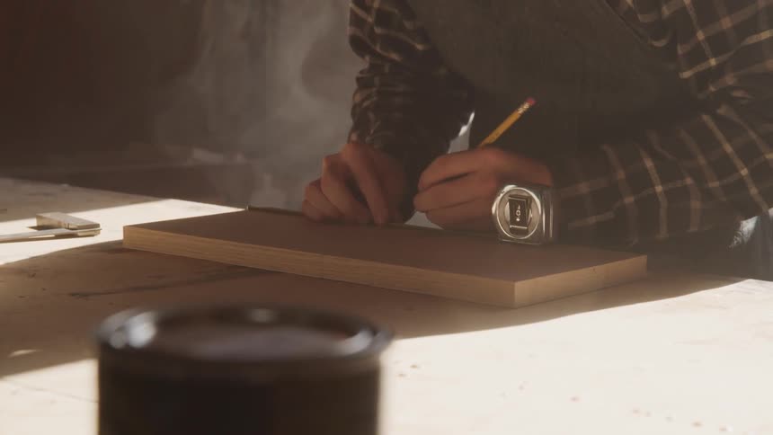 Man hand measuring a wooden plank with measure tape