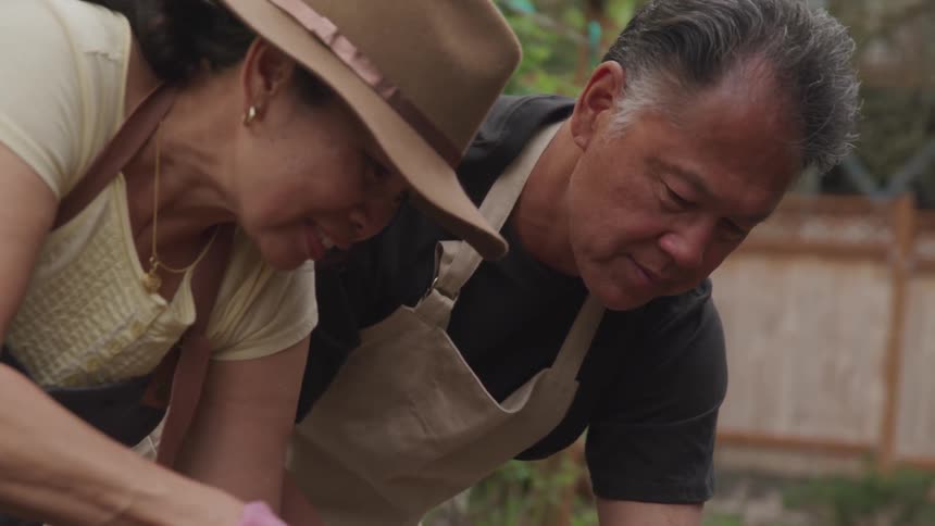A senior asian couple garden together in a backyard
