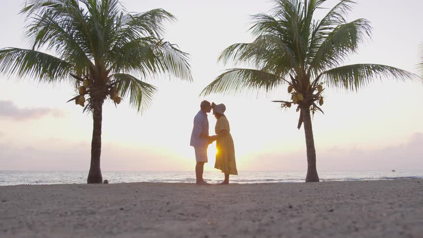 A man and woman hold hands and kiss on a tropical beach at sunset