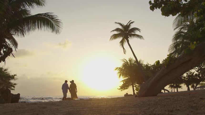 A couple holds hands and walks down a beach during sunset