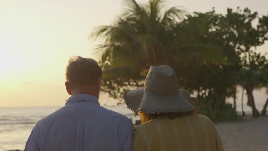 A man and a woman walk together along a sandy beach near some trees as the sun sets