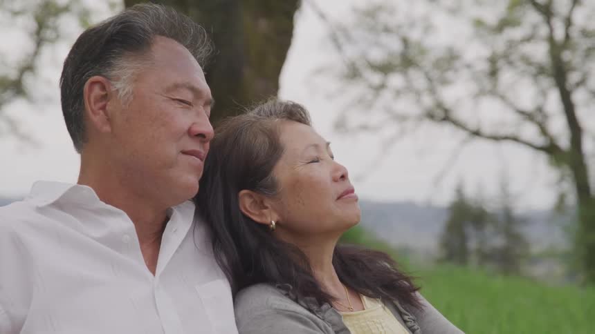 Older asian couple relaxing in the mountains under a tree