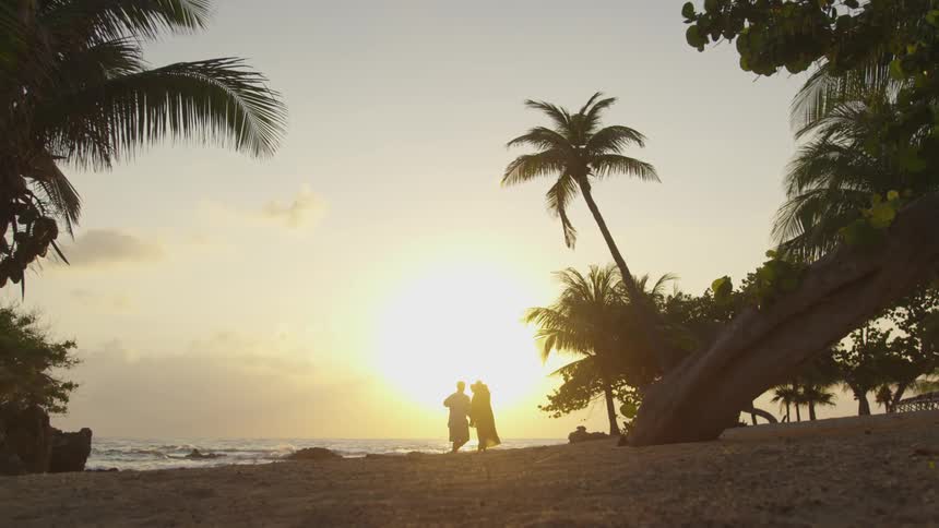 People are walking by the beach at sunset
