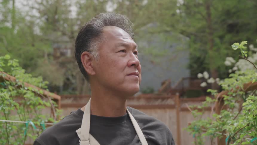 An older asian man looks upward at something while standing between two rows of tall plants growing in a garden