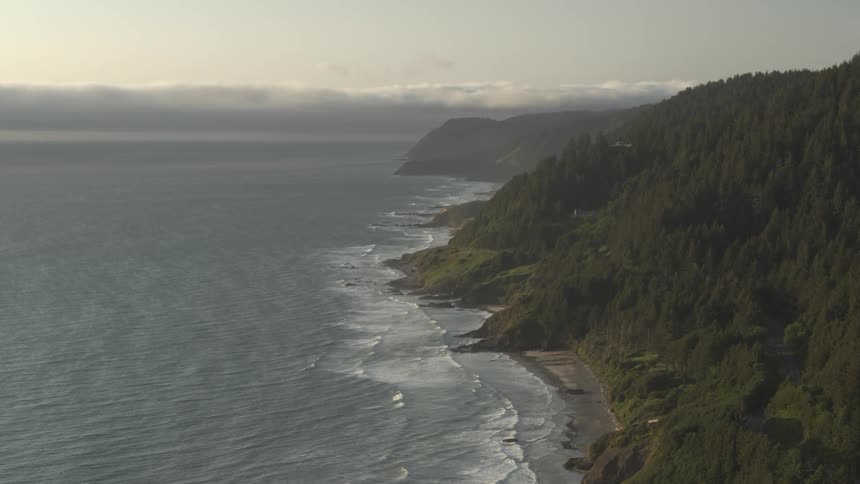 The hilly coastline of a landmass