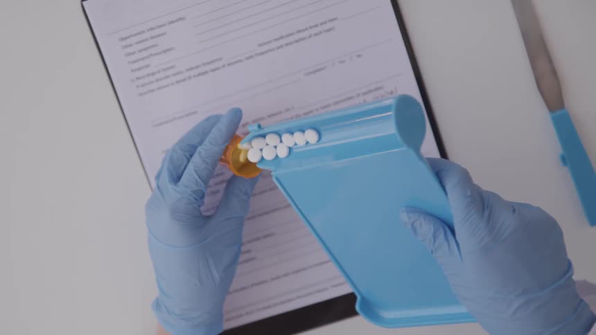A person pours medication into a pill container