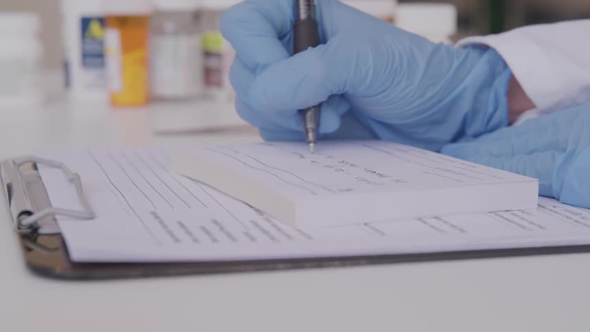 A person wearing a blue latex glove writes a note on a small pad of paper sitting atop a plastic clipboard
