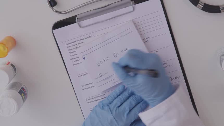 A person wearing gloves writes a prescription
