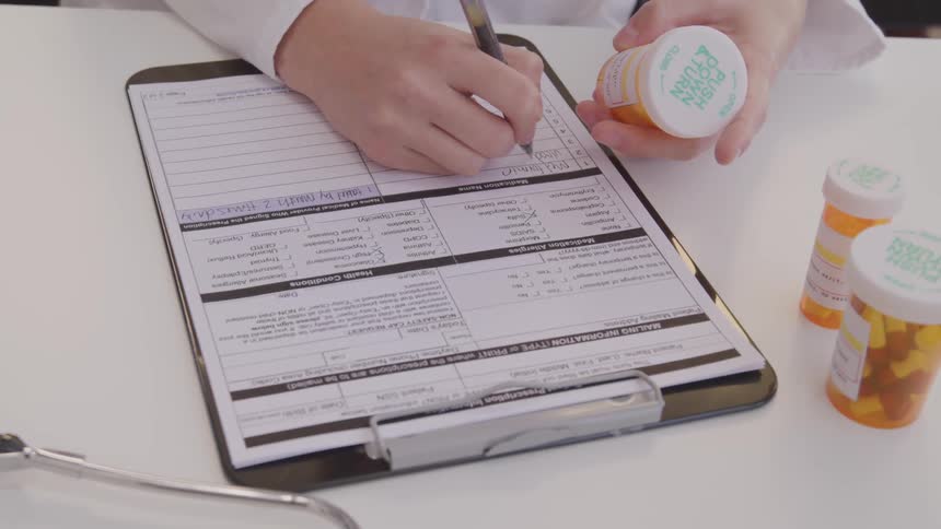 A pharmacist fills out a form relating to prescription medication