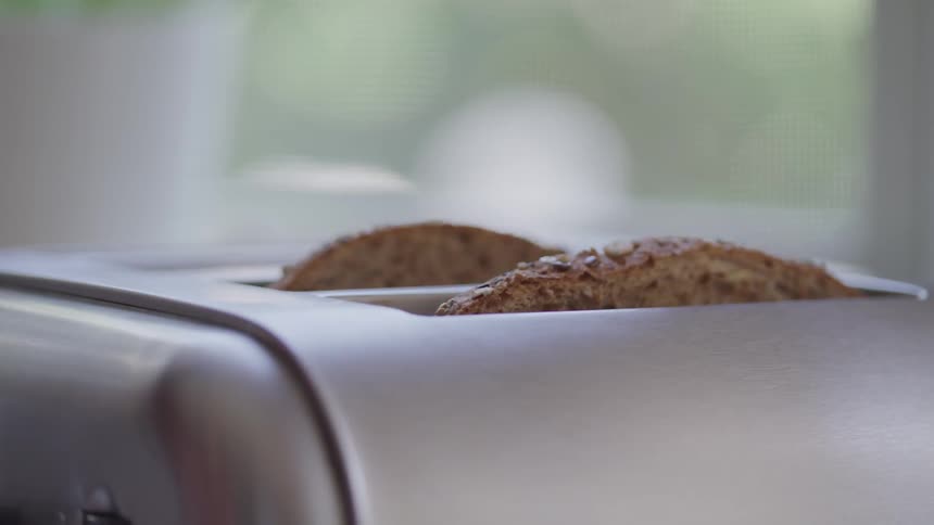Toast pops up from the toaster in a kitchen scene