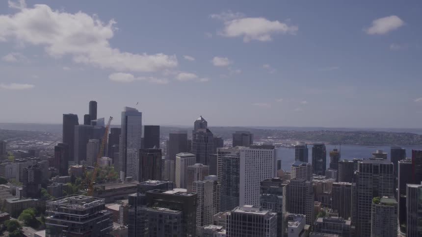 Skyline of the city with tall buildings next to the sea on a sunny day