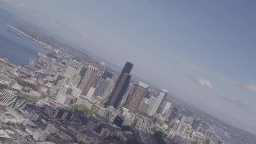 An aerial view of a downtown city by the coast is displayed