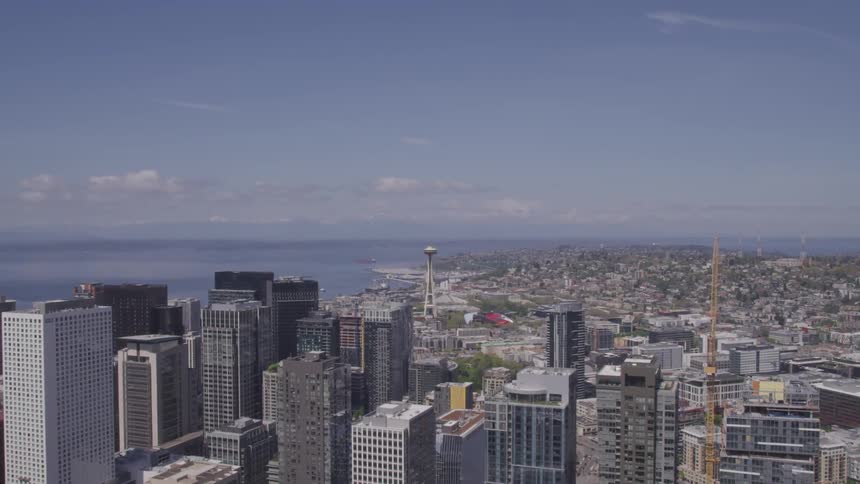 An aerial view of a metropolitan area near the sea