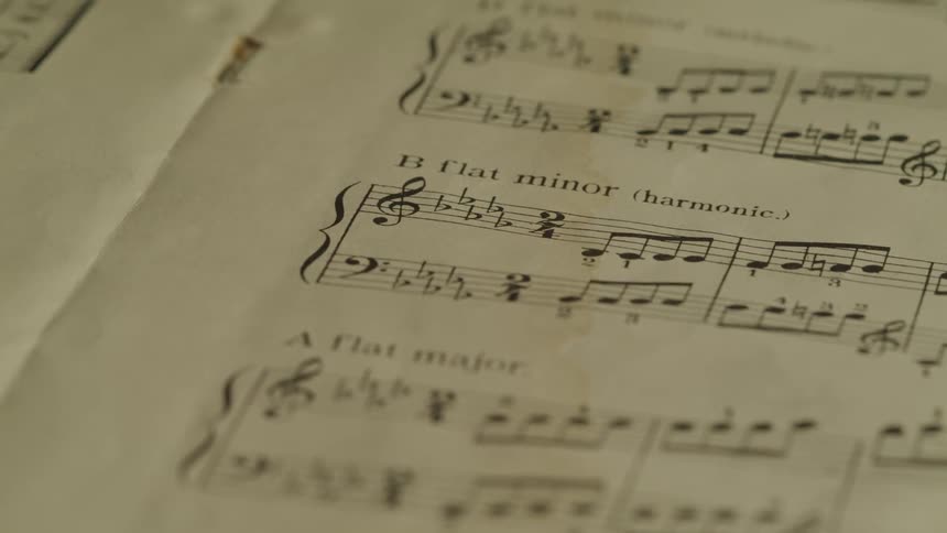 Pages with sheet music are turned in a book
