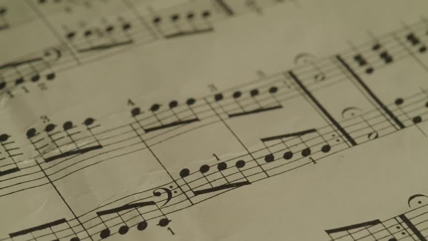 A sheet of music rotates counterclockwise