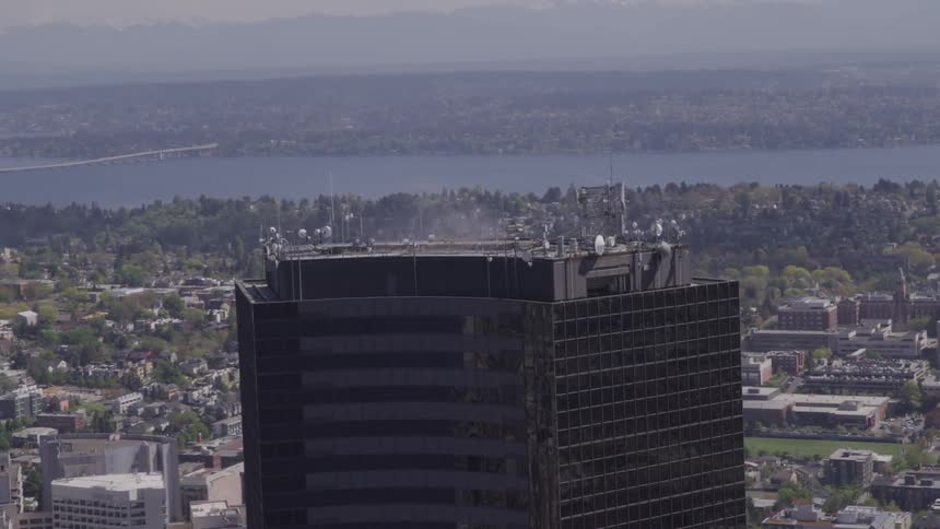 An aerial view of a high rise tower