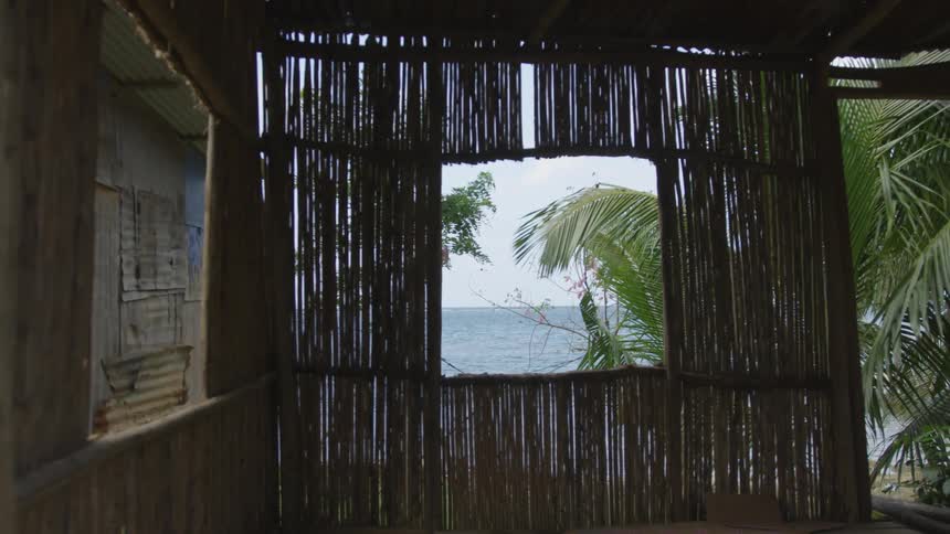 A view of the sea through a window from a tropical house