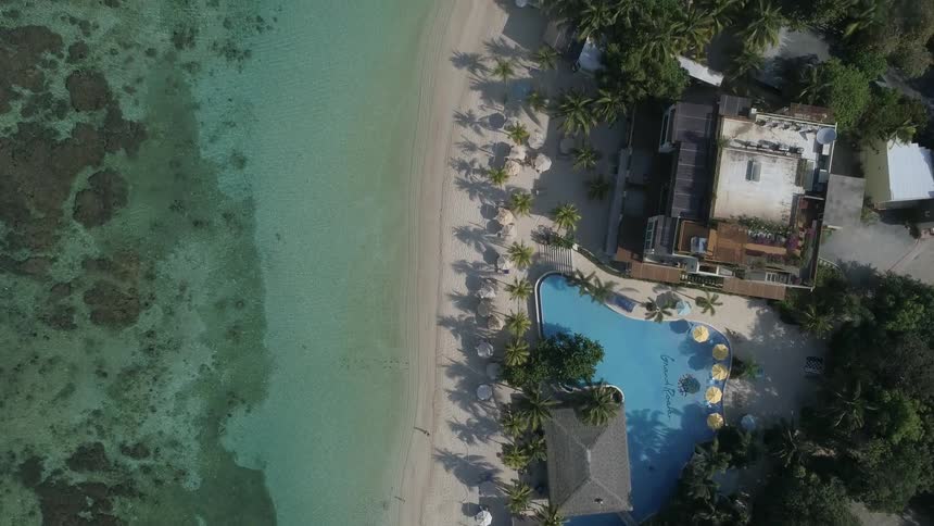 An aerial view of houses and palm trees on a beach