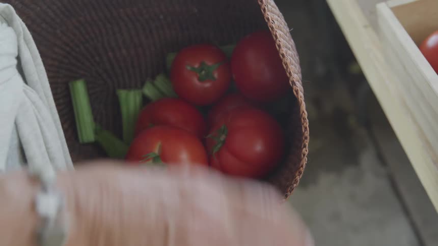 A woman puts tomatoes in to a basket