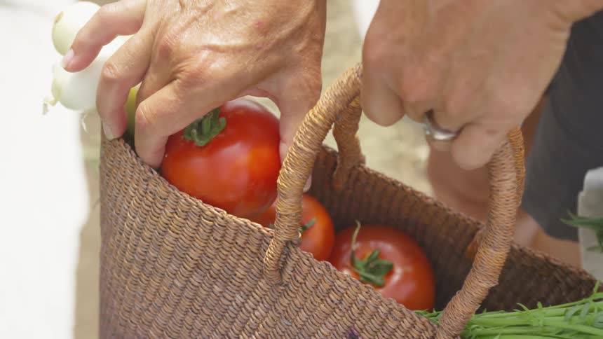 Older person placing ripe red tomatoes into shopping basket with other vegetables