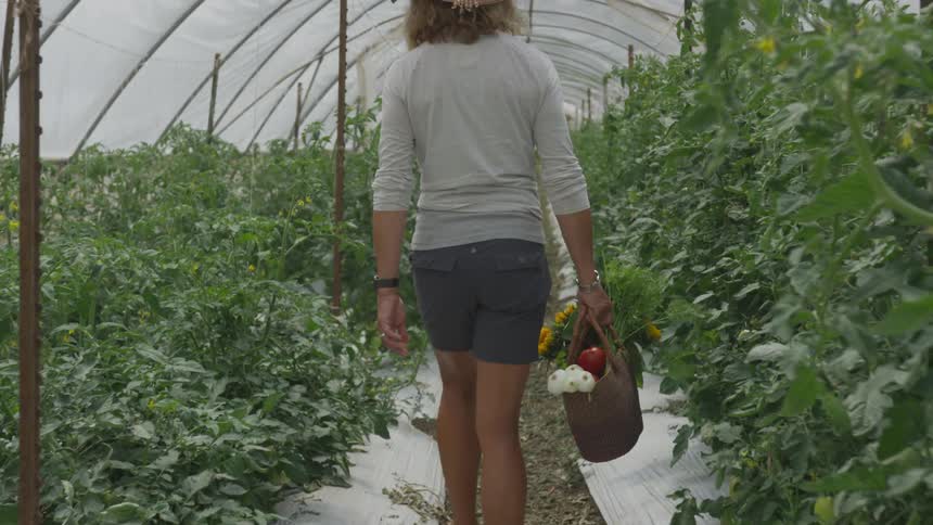 A woman walks through a greenhouse holding a basket of flowers