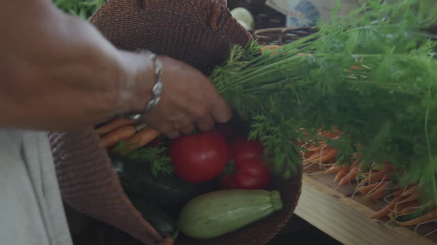 A woman puts carrots in her basket