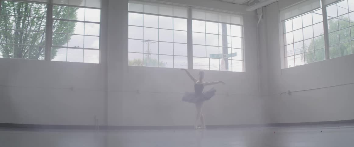 A ballerina performs a dance move in a dance studio