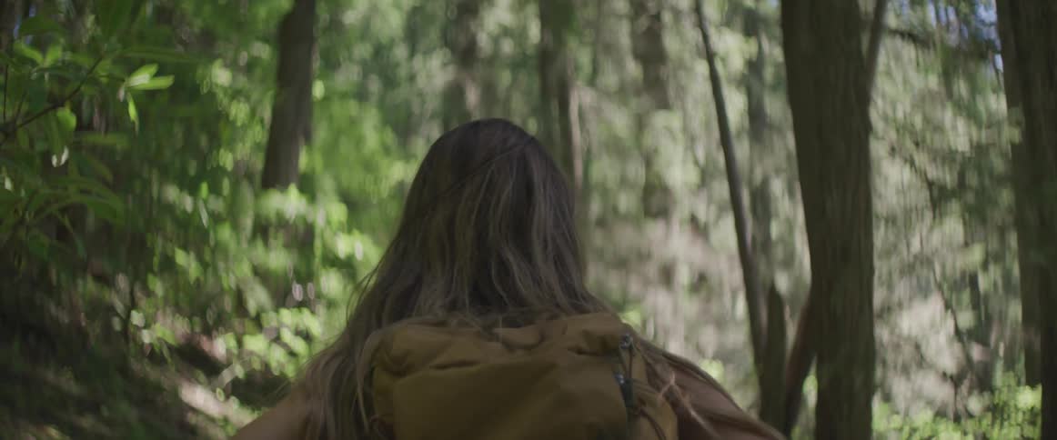 A young woman with long hair and a backpack is hiking along a trail in a heavily forested area