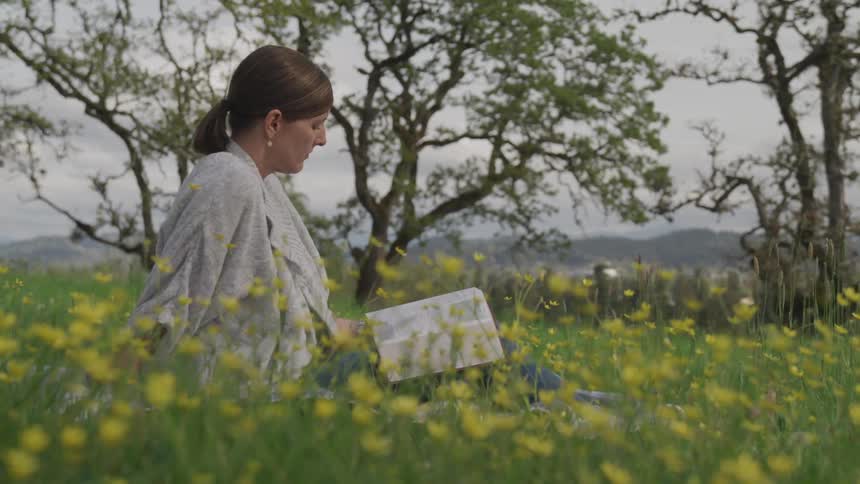A woman sitting on a grassy field with yellow flowers reading a book