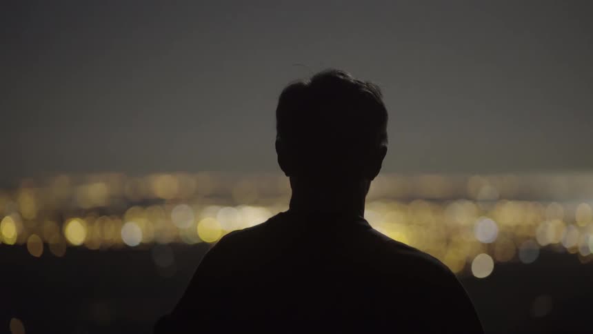 A man is overlooking a brightly lit city at night