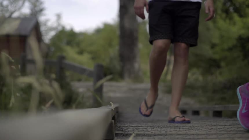 People Walking Along a Nature Trail Through Lush Forest Under Soft Daylight.