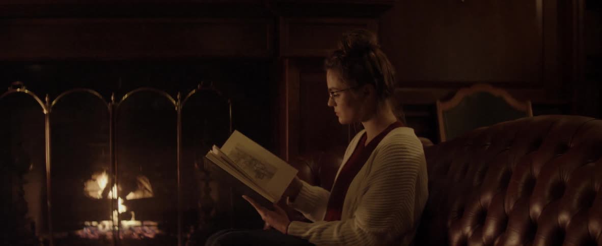 A young woman sits on the couch next to a fire reading a book