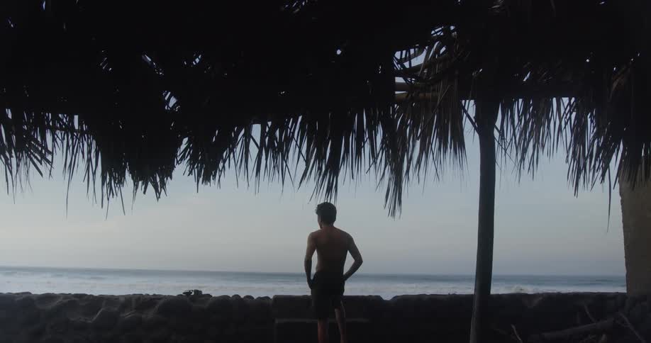 A shirtless man stands on a tropical patio looking out at the waves