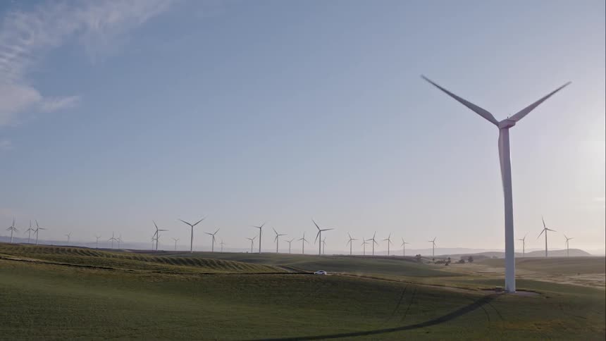 White car driving through a field of windmills