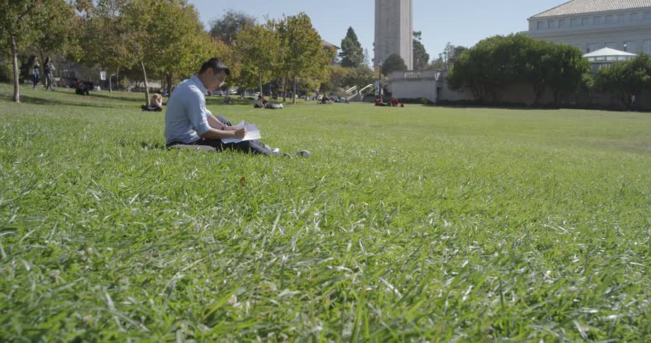 Male student sitting on lawn of a university taking notes