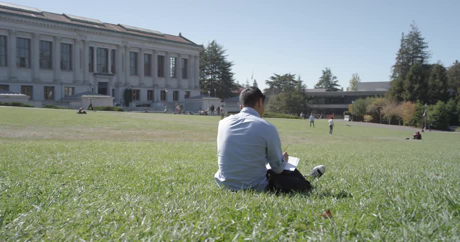Man writing in the middle of the grass field