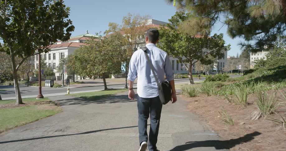 A man with a messenger bag across his body walks on a sidewalk with trees on both sides on a sunny day