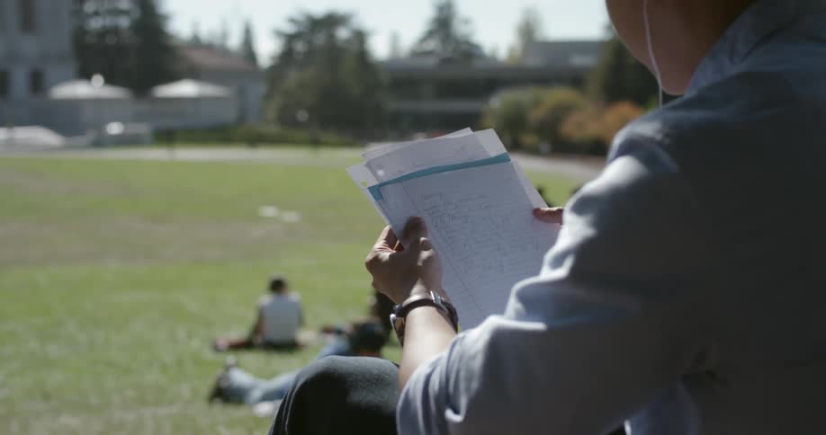 Man looks through some papers as he sits outside on a sunny day