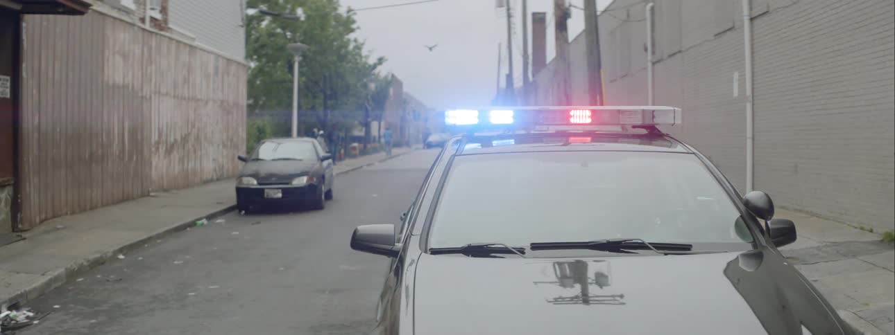 Sirens flashing atop a police car parked in a neighborhood